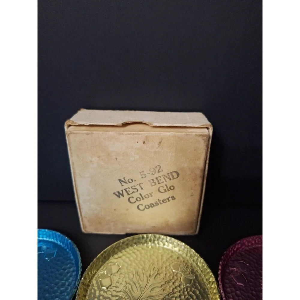 West Bend Aluminum Set of 7 Hammered Leaf and Acorn Color Glo Coasters W/Box